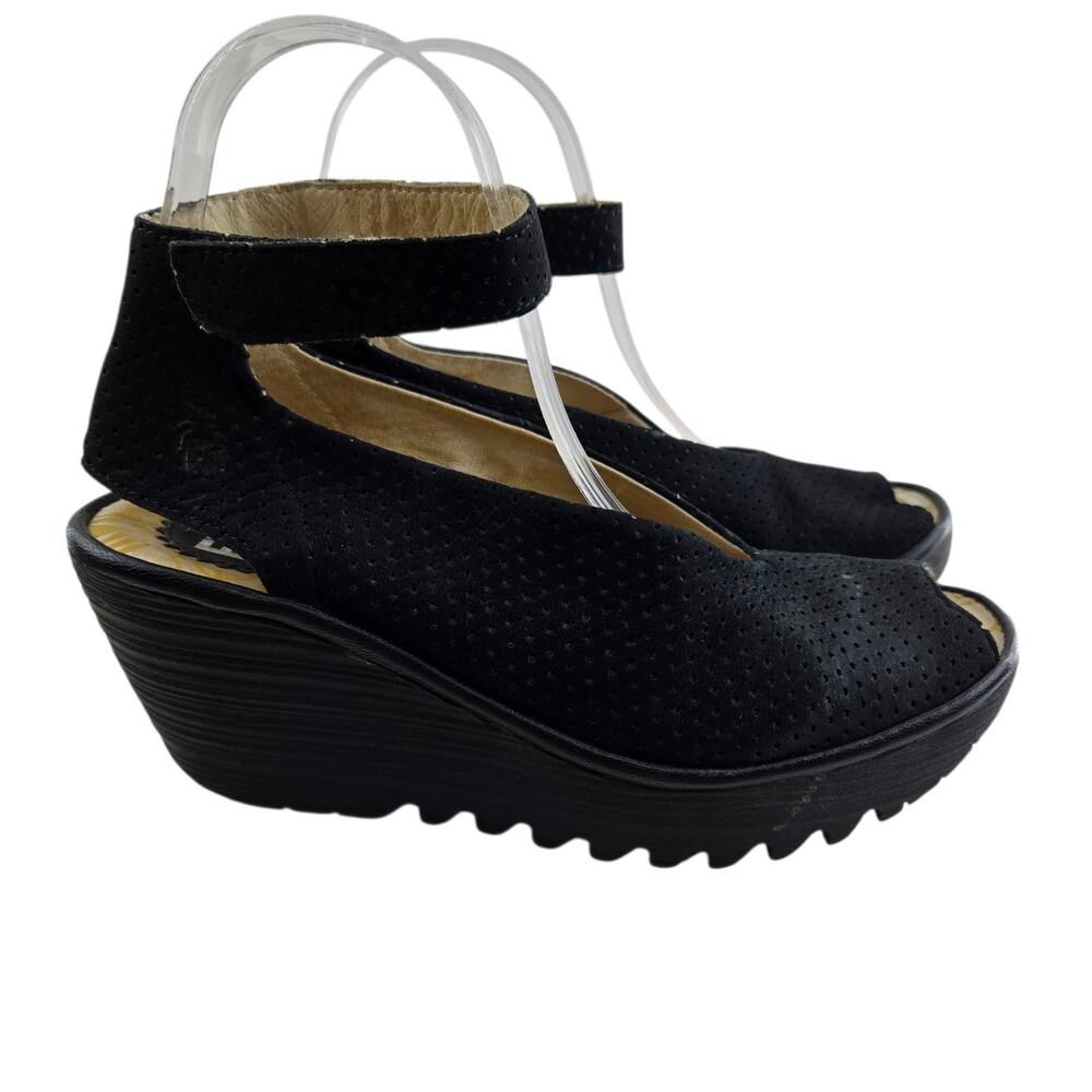 Fly London Yala Wedge Sandals Womens 8 8.5 (39) Black Suede Perforated Open Toe
